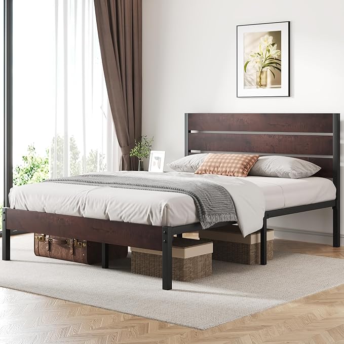 Queen Bed Frame with Headboard and Footboard, with Under Bed Storage, All-Metal Support System, No Box Spring Needed, Easy Assembly, Red Brown