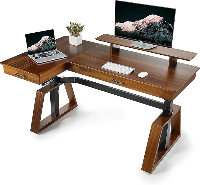 EUREKA ERGONOMIC L Shaped Desk 63", Solid Walnut Wood Top, Executive Standing Desk Adjustable Height, Dual Motor Corner Workstation with Drawers & Monitor Shelf for Home Office, Left