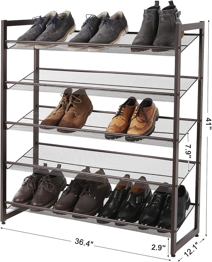 SONGMICS Shoe Rack, 5-Tier Shoe Organizer, Metal Shoe Storage for Garage, Stackable Shoe Shelf, with Adjustable Flat or Angled Shelves, 20-25 Pairs, Bronze ULMR05A