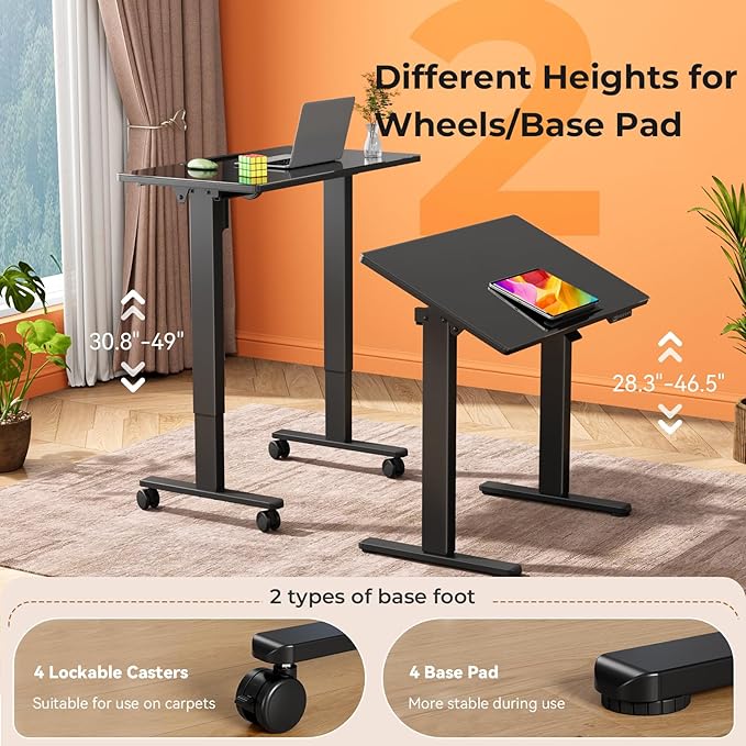 Glass Standing Desk,35inch Whole Piece Rolling Sit Stand Table with Wheels,90° Tiltable Mobile Rising Height Adjustable,Foldable Top Suit for Small Laptop,Black