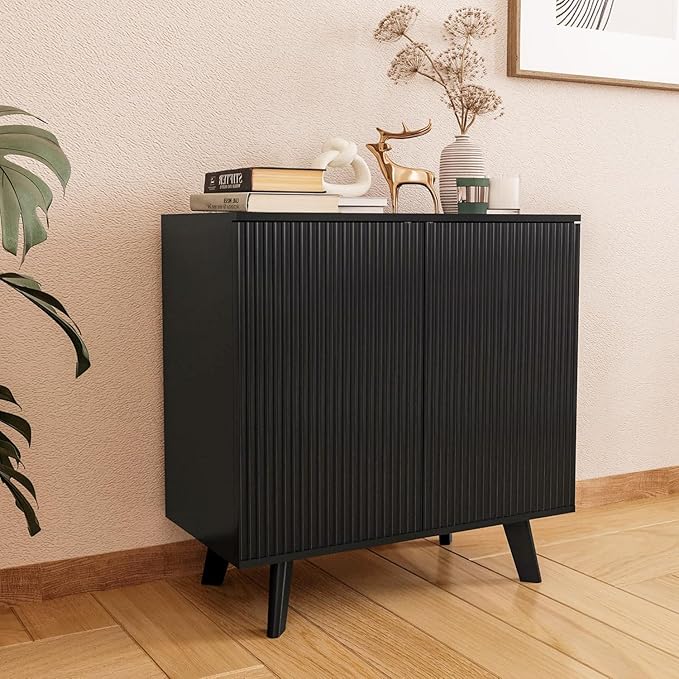 Modern Sideboard Buffet Cabinet Console Table, Accent Storage Cabinet with Fluted Doors for Kitchen Dining Living Room Entryway (Black)