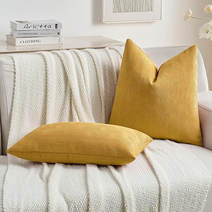 FUTEI Mustard Yellow Chenille Decorative Throw Pillow Covers 12x20 Inch Set of 2,Soft Cozy Striped Geometric Patterns Lumbar Pillow Cases,Modern Home Decor for Couch Bed Living Room