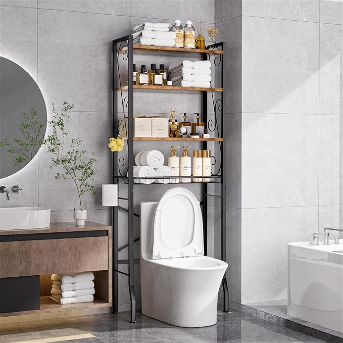 Over-The-Toilet Storage Rack 4-Tier,Bathroom Organizer Shelf Over Toilet,Adjustable Wooden Shelves and Basket,Freestanding Above Toilet Shelf,Space Saver for Rooms(Black Rack-Rustic Brown Shelves)