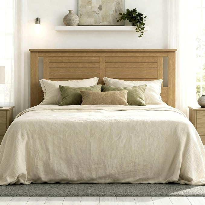 Serene Queen Size Wood Headboard Shiplap-Inspired Panel Design in a Stained Pine Finish