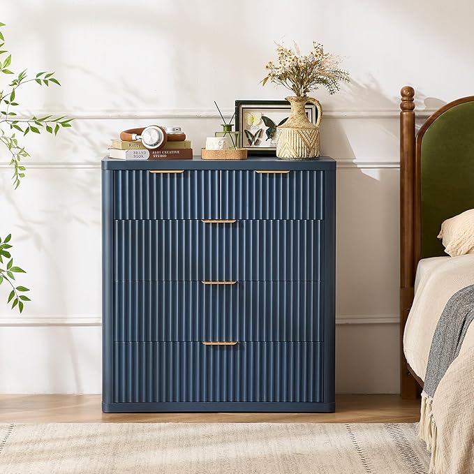 LEYAOYAO Fluted 5 Drawers Dresser for Bedroom Set of 2, 34" Tall Modern Chest of Drawers with Metal Handle, Curved Profile Design,Navy Blue Wood Drawer Organizer for Bedroom, Living Room, Hallway