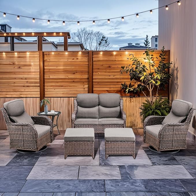 HUMMUH 6-Piece Outdoor Wicker Patio Furniture Set with Swivel Glider Chairs, Loveseat & Ottomans 5” Olefin Cushions Ergonomic Neck-Lumbar Backrest All-Weather Rattan for Garden, Deck, Porch