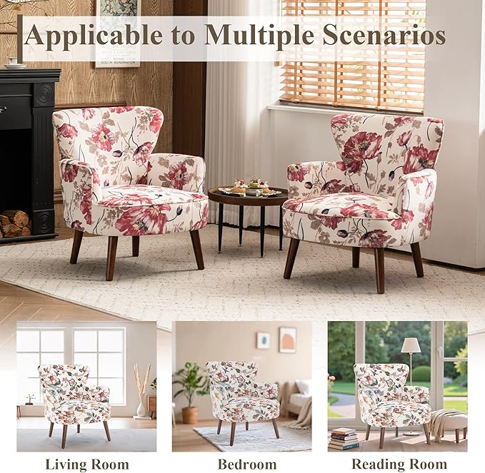 Floral Accent Chair, Upholstered Living Room Chairs with Solid Wood Legs, Mid Century Modern Velvet High Back Armchair for Living Room, Bedroom, Pink