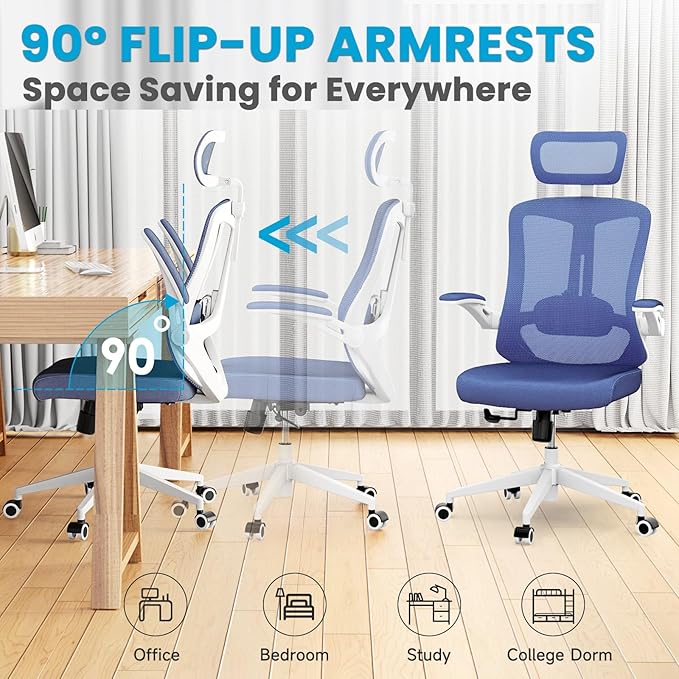 Ergonomic Office Chair - 400LB Comfy Desk Chairs with Adjustable Headrest and Lumbar Back Support, Mesh Computer Chairs with Wheels and Arms for Home Office, Study, Bedroom and Dorm (04blue)