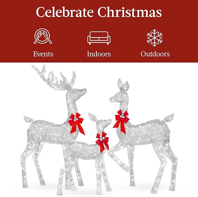 Best Choice Products 3-Piece Large Lighted Christmas Deer Family Set 5Ft Outdoor Yard Decoration with 360 LED Lights, Stakes, Zip Ties - Silver