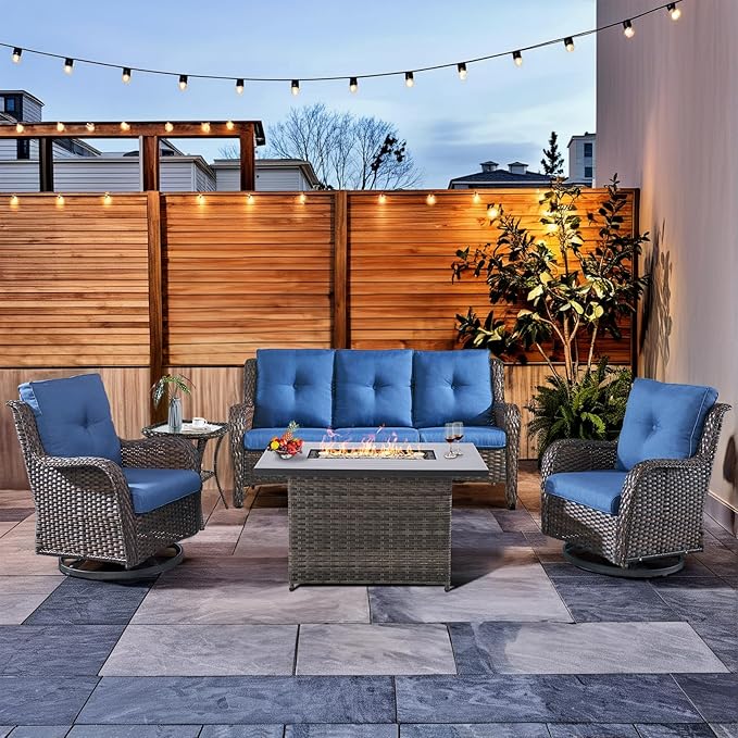 HUMMUH Patio Furniture Set with Fire Pit Table 5-Piece Wicker Outdoor Swivel Rocker Patio Chairs High Back Outdoor Couch Conversation Set for Porch, Backyard, Deck