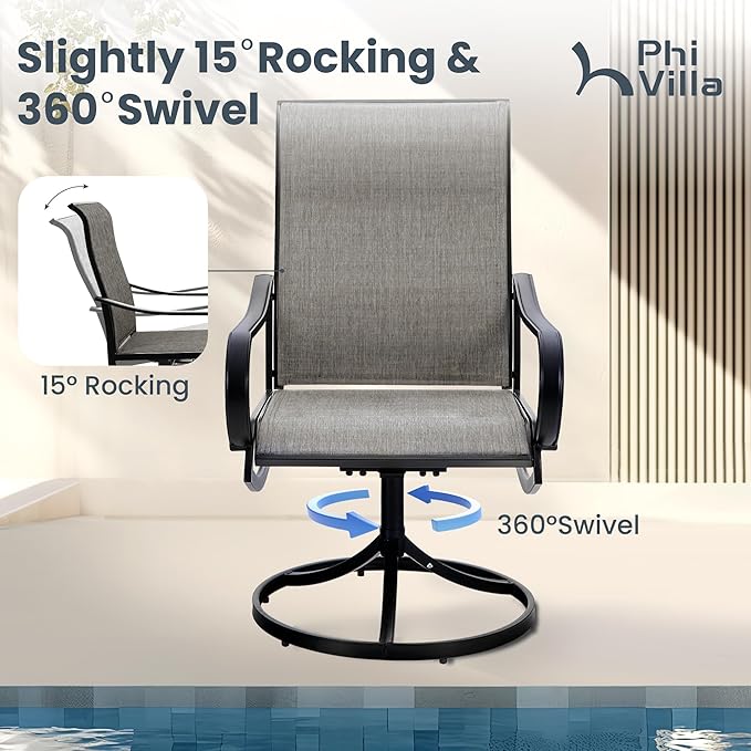 PHI VILLA Patio Swivel Dining Chairs Set of 2, Outdoor Metal Chair with Textilene Mesh Fabric, Patio Chair with Armrest, Black Frame for Patio Deck Garden