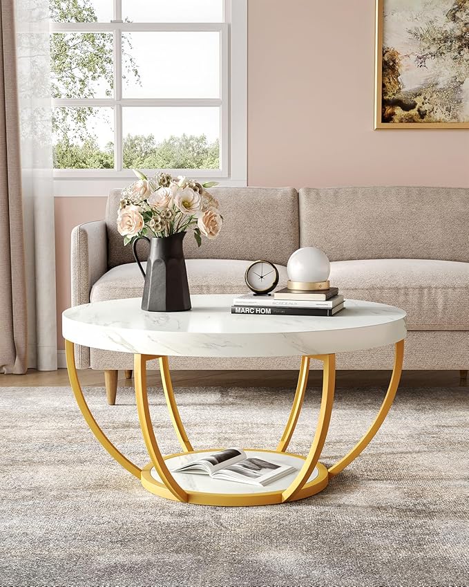 LITTLE TREE Round Coffee Table, 32" Circle Faux Marble Coffee Tables for Living Room, 2-Tier Golden Metal Legs Accent Center Table with Open Storage Modern Design Home Furniture (White and Gold)