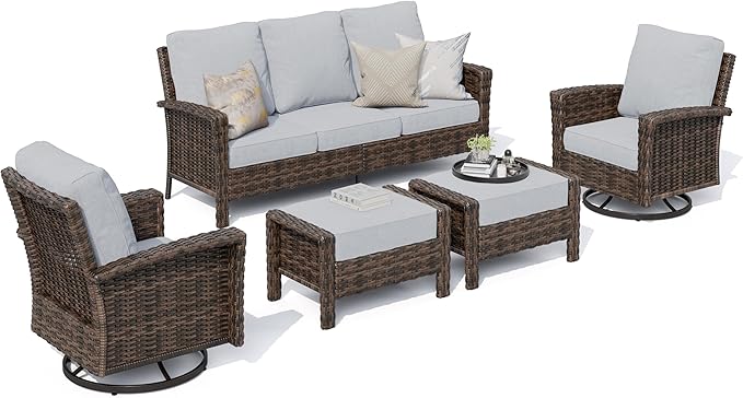 HERA'S HOUSE Patio Furniture Set with Swivel Chairs, High Back Wicker Couch with Ottomans, Outdoor Conversation Sofa Sets with 5.5" Waterproof Cushions for Garden Yard Porch, Grey