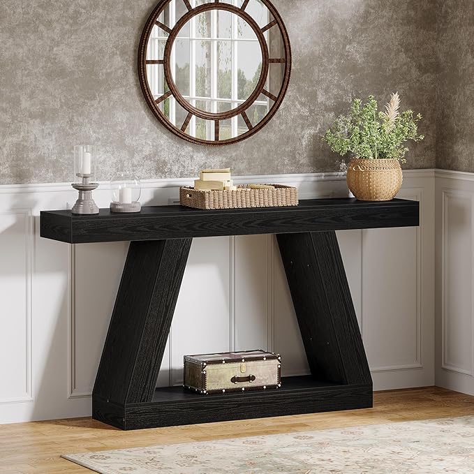 Tribesigns Farmhouse Console Table, 55-Inch Rustic Sofa Table with Storage, Industrial Wooden Entryway Table for Hallway, Living Room, Black