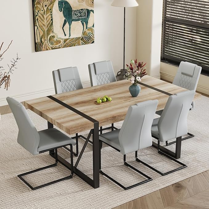 Dining Table Set for 6,Dinner Table Set for 6,71'' Kitchen Table and PU Leather Chairs Set of 6,6 Chair Dining Table Set for Kitchen Dining Room