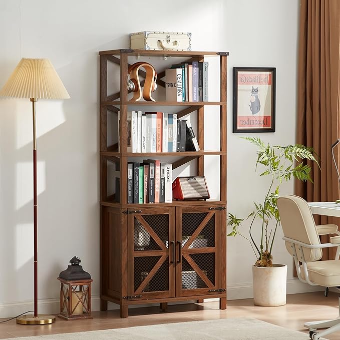 5 Tier Bookshelf 70" Tall Bookcase with Barn Doors,Large Farmhouse Display Book Shelf with Adjustable Shelves and Storage Cabinet,Library Wood Bookshelves for Living Room,Kitchen,Brown(3PCS)