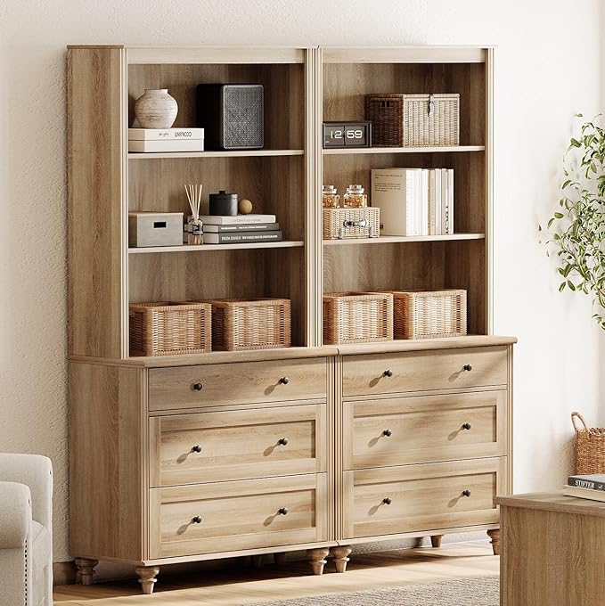 WAMPAT 3 Tier Bookshelf with 3 Drawers, 72" Tall Bookcase Large Farmhouse Display Book Case Shelf with 3-Tier Open Book Shelfs,Library Wood Bookshelves for Living Room,Kitchen, Oak(2PCS)