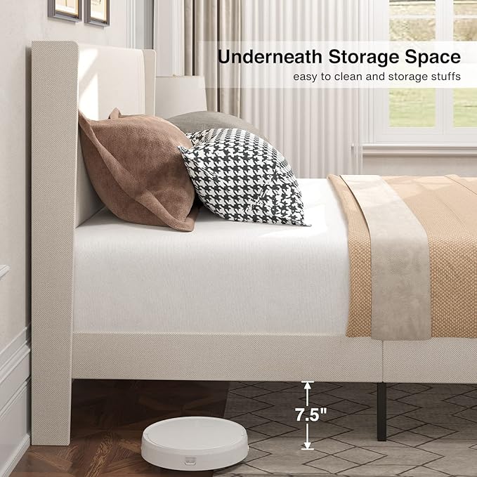 Gizoon Queen Bed Frame with Wingback Headboard, Upholstered Platform Bed, Wooden Slats, Noise-Free, No Box Spring Needed, Easy Assembly