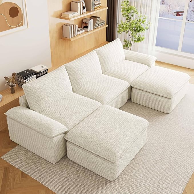 113.03" Sectional Couches for Living Room Modern Modular Sofa with U-Shape Couchs Upholstered Corduroy Boneless Couch Deep Seat Cloud Couch with Ottoman, No Assembly Required, White