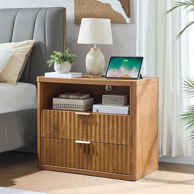 LEYAOYAO 31" Wide Fluted Nightstand with Charging Station, Oversized Extra Large 2 Drawers Night Stand,Brown Wood Bedside Table,Tall Bed Side End Tables,Modern Chest of Drawers Dressers for Bedroom