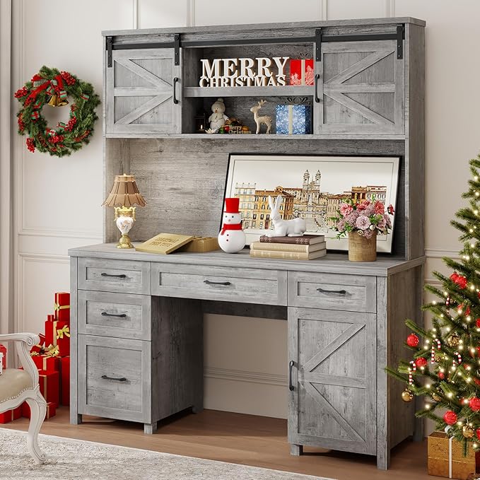 Farmhouse 67''H Executive Desk with Hutch & 5 Drawers, Rustic Office Desks Computer Desks with Charging Station, File Drawers and Storage Cabinets, Wood Workspace for Home Office & Study.(Grey).
