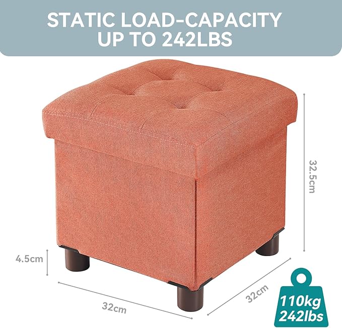 BRIAN & DANY Small Ottoman with Storage, Small Storage Ottoman, Folding Foot Stool with Wood Legs for Living Room and Bedroom Linen Rest Seat, 12.6"x12.6"x12.8" - Orange
