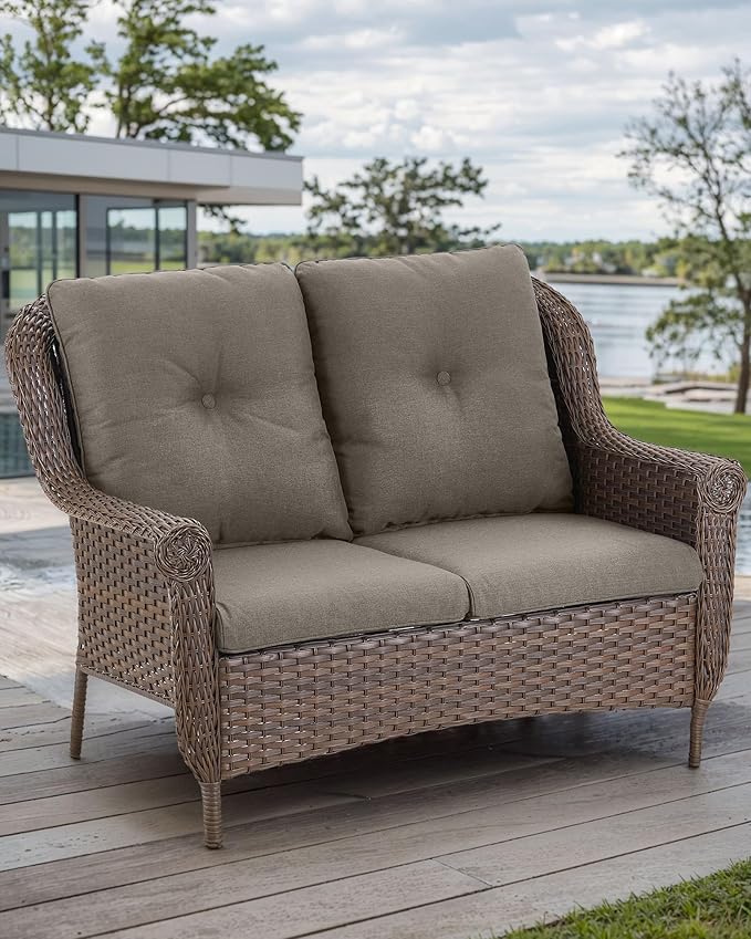 Patio Loveseat Outdoor Wicker Sofa - Heavy Duty All-Weather Brown Rattan 2-Person Sofas with High Back and Comfortable Thick Cushions for Garden Back Porch Poolside Apartment - Grey