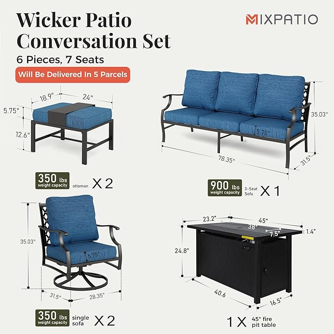 Patio Furniture Set, 6 Pcs Metal Outdoor Conversation Set, 2 Swivel Chairs, 2 Ottomans and 3 Seater Sofa with 5.75" Extra Thick Cushion and Gas Fire Pit Table, Gemstone Blue