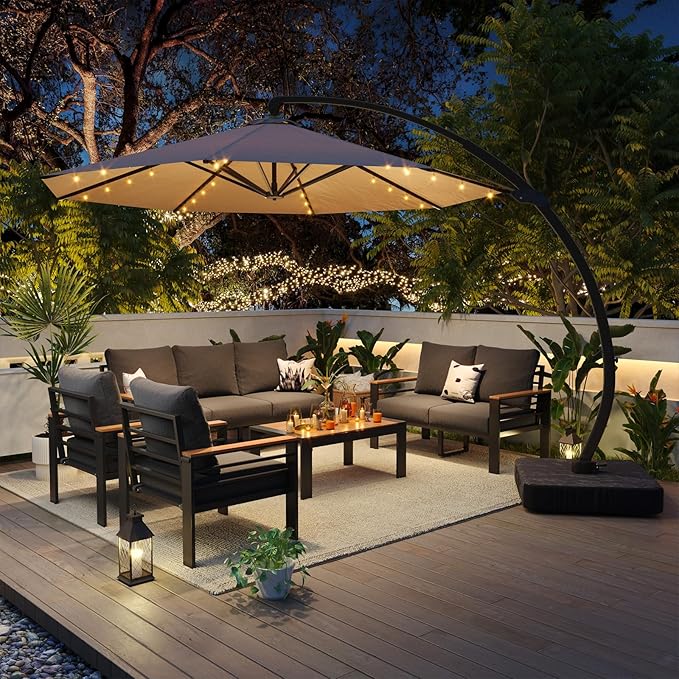 Aoxun Aluminum Patio Furniture Set with Umbrella 7 Seats, Oversized Outdoor Sectional with Washable Thick Cushions, Coffee Table and Waterproof Cover, Patio Conversation Sets for Porch, Balcony, Deck
