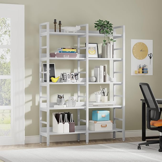 Tribesigns 5-Tier Industrial Bookshelf, 71”H x 47”W Etagere Bookcase, Freestanding Double Wide Book Shelf for Storage and Display, Wood and Metal Bookshelves for Living Room Home Office, White