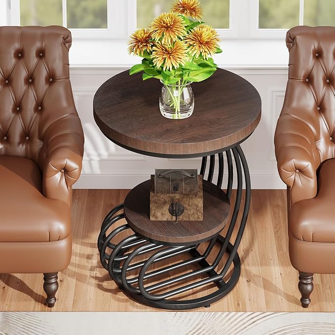 Tribesigns Round End Side Table: Side Table with 2 Tiers Storage Shelves, Vintage End Table for Living Room, Small Bedside Table Accent Table with Arc-Shaped Frame, Rustic Brown