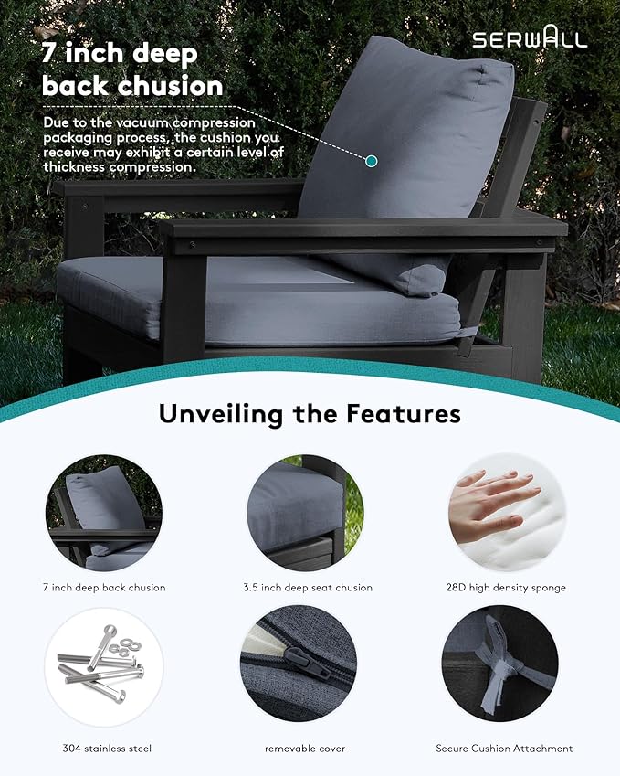 SERWALL HDPE Patio Sofa Set, 3-Piece Sectional Outdoor Furniture Set, All Weather Outdoor Couch Set Patio Furniture Set for Deck, Lawn, Black Frame with Grey Cushion