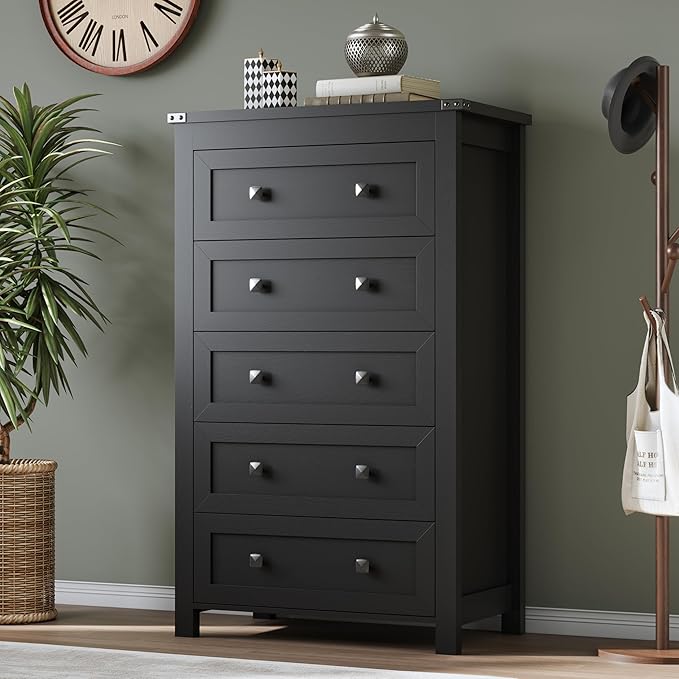 Tall 5-Drawer Dresser, Modern Wooden Storage Chest of Drawers, Dresser TV Stand, Wood Drawer Organizer with Metal Handles for Bedroom, Living Room, Hallway