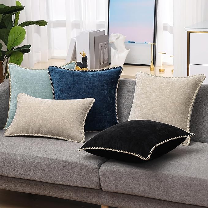 decorUhome Chenille Soft Throw Pillow Covers 24x24 Set of 2, Farmhouse Velvet Neutral Decorative Euro Pillow Covers with Stitched Edge for Couch Sofa Bed Home Decor, Poseidon