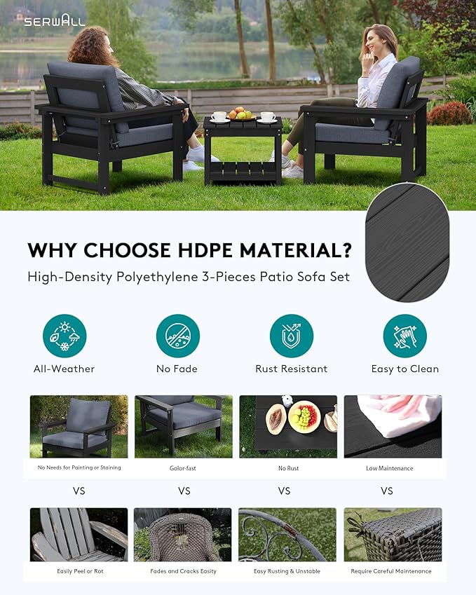 SERWALL Outdoor Patio Sofa Set, 2-Piece HDPE Single Seat Outdoor Sofa Chair with Padded Cushions, Black Frame with Grey Cushion