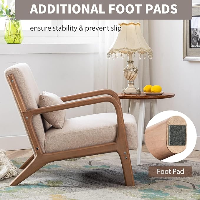 ANJHOME Mid Century Modern Accent Chairs Set of 2, Single Fabric Lounge Reading Armchair with Solid Wood Frame, Easy Assembly Arm Chairs for Living Room Beige 2