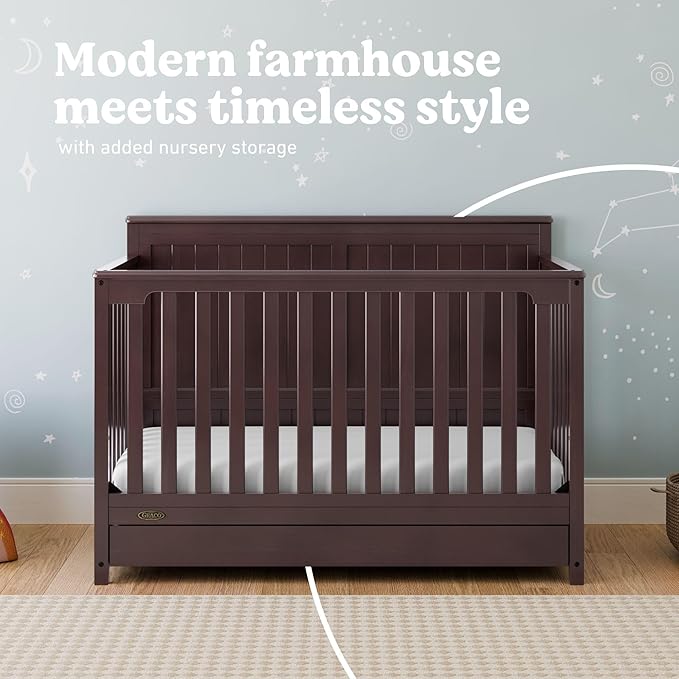 Graco Hadley 5-in-1 Convertible Crib with Drawer (Espresso) – GREENGUARD Gold Certified, Fits Standard Crib Mattress, Converts to Toddler Bed, Daybed and Full Bed, 4 Adjustable Mattress Heights