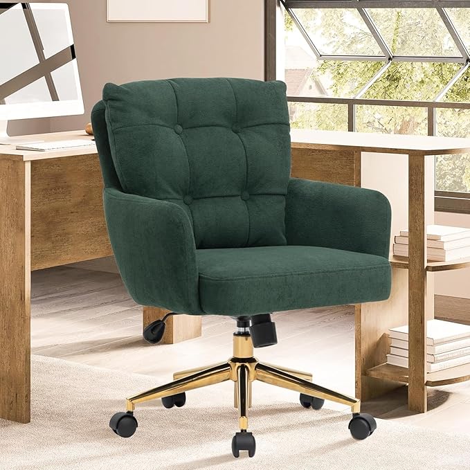 Plush Fabric Office Chair, Comfy Home Office Desk Chairs with Lumbar Support, Modern Plush Fabric Desk Chair Gold Legs Swivel Task Chair for Home Office, Bedroom, Study, Green Upgraded Version