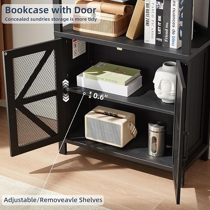5 Tier Bookshelf 70" Tall Bookcase with Barn Doors,Large Farmhouse Display Book Shelf with Adjustable Shelves and Storage Cabinet,Library Wood Bookshelves for Living Room,Kitchen,Black(3PCS)