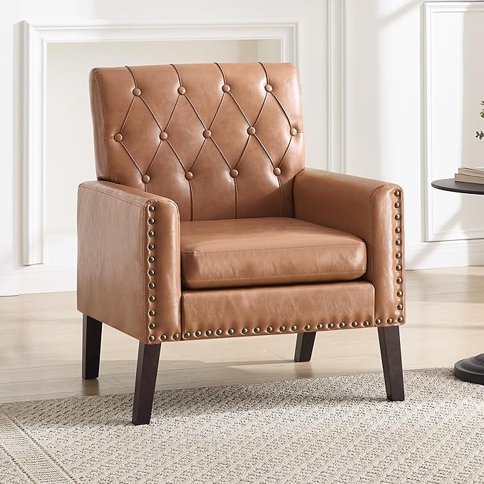 Mid Century Modern Accent Chair, Light Brown Faux Leather Office Chair for Reception - Brown Leather Club Chair for Living Room, Bedroom, or Waiting Room