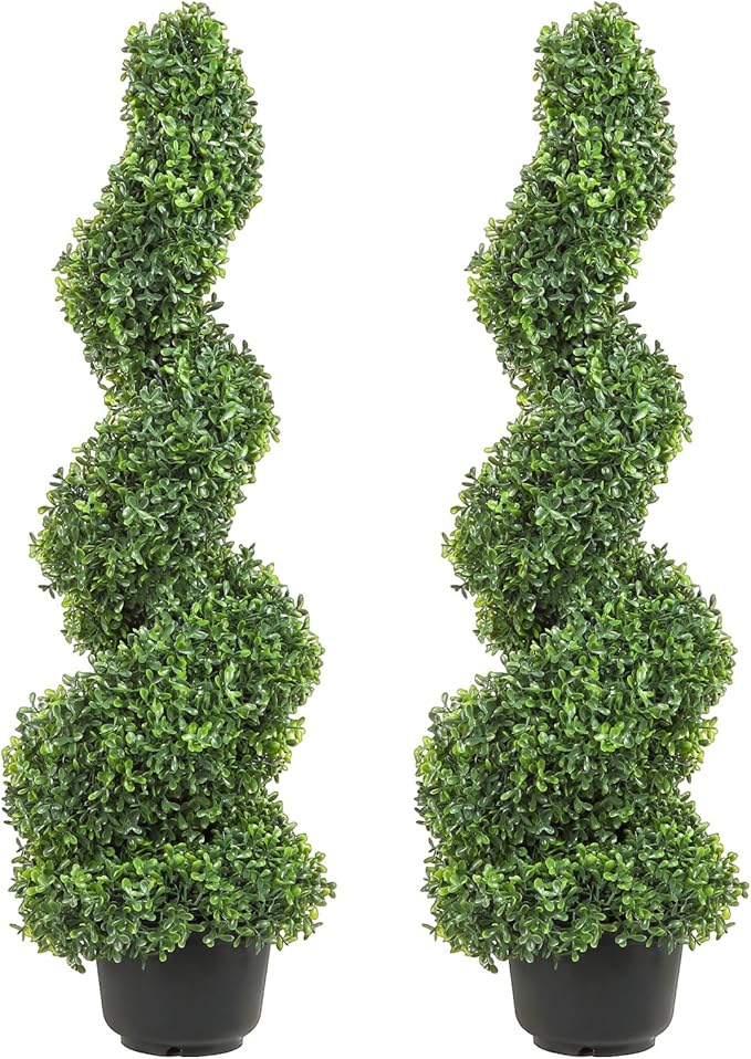 VEVOR Artificial Boxwood Spiral Topiary Trees, 3ft Tall (2 Pieces) Faux Plant Outdoor, All-Year Green Fake Plant with Replaceable Leaves for Decorative/Indoor/Porch/Garden