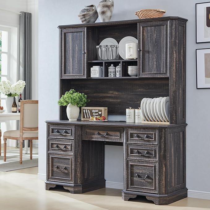 T4TREAM 59" Home Office Desk Hutch with Ample Storage, Only Match VSC Series Farmhouse Desk (Dark Rustic Oak)