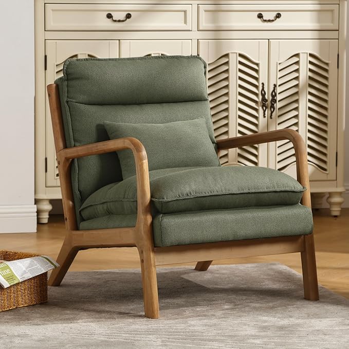 INZOY Mid Century Modern Accent Chair with Wood Frame, Upholstered Reading Armchair with Waist Cushion, Double Padded Accent Chair, Side Chair for Living Room Bedroom Office, Easy Assembly, Green