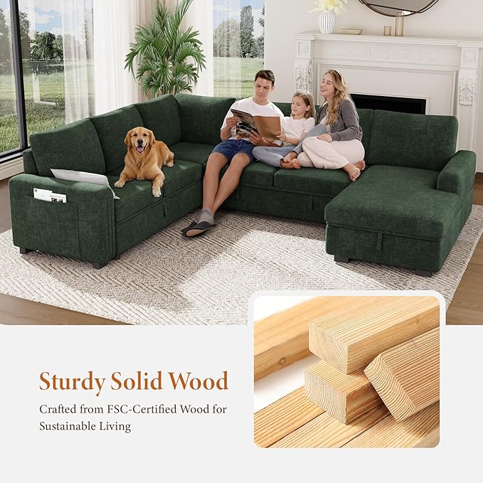 Vesgantti 113.6" Modular Sectional Sofa with Pull Out Couch Bed, 7 Seater U Shaped Sleeper Sofa with Storage Chaise, Chenille Sectional Couch for Living Room, Bedroom, Apartment, Green