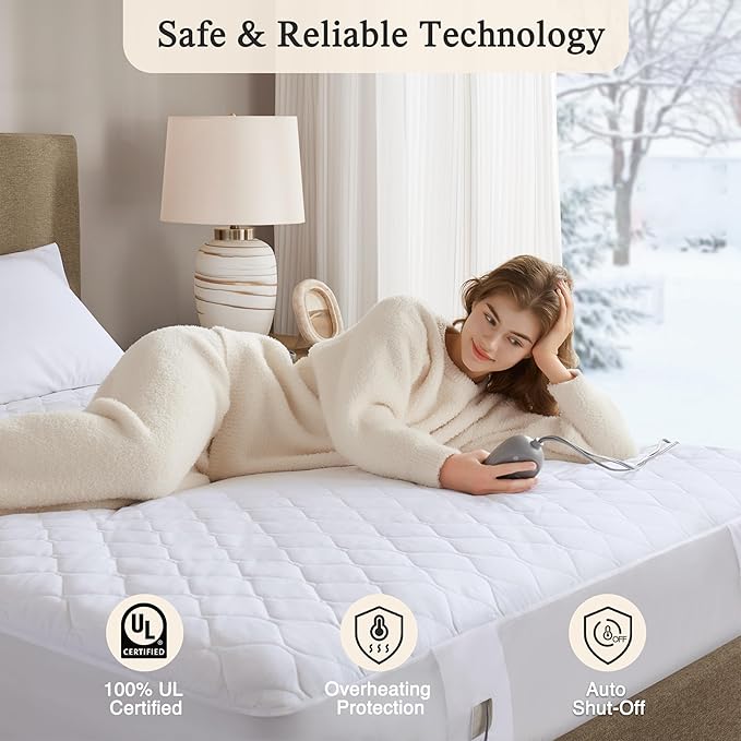 Beautyrest Cotton Blend Heated Mattress Pad Secure Comfort Technology - Luxury Quilted Electric Mattress Pad with Deep Pocket - 5-Setting Heat Controllers, King, White