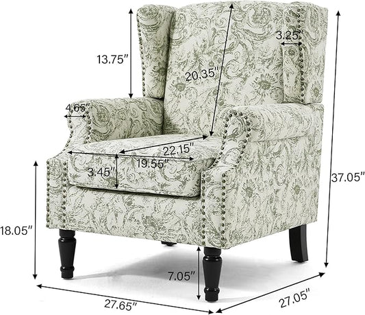 Lumibee High Back Accent Chair, Armchair in Fabric, Comfy Upholstered Wingback Single Sofa Reading Chair with Solid Wood Legs for Living Room,Bedroom,Office-Rococo Green