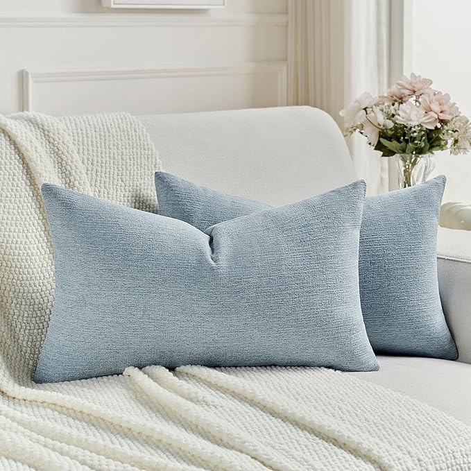 FUTEI Denim Blue Chenille Decorative Throw Pillow Covers 12x20 Inch Set of 2,Soft Cozy Faux Linen Textured Lumbar Pillow Cases,Farmhouse Home Decor for Couch Living Room
