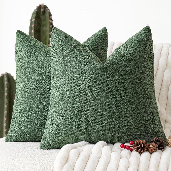 Foindtower Pack of 2 Textured Boucle Throw Pillow Covers Accent Solid Pillow Cases Cozy Soft Decorative Couch Cushion Case for Chair Sofa Bedroom Living Room Home Decor 18 x 18 Inch Hunter Green