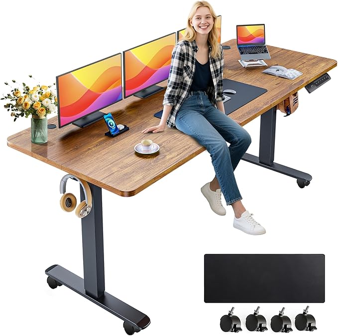 farexon 63 x 24 Inch Electric Standing Desk Adjustable Height, Sit-Stand Desk with Oversized Mouse Pad, Four Preset Heights, 27''-46'' Lifting Range Stand up Desk(Brown)
