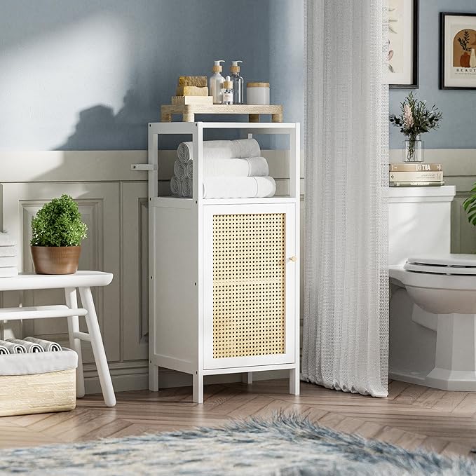 Bamboo Floor Rattan Cabinet, Narrow Bathroom Storage Organizer Rack, Space Saving Wood Kitchen Cupboard, Hallway Side Table, Living Room Stand with Single Door and 1 Shelf (White)